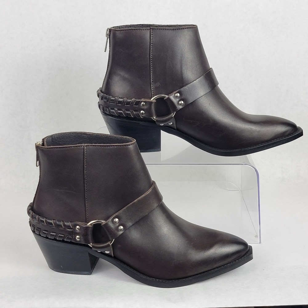 Brusque Womens 8.5 Brown Leather Ankle Boot Biker Moto Booties Western‎ Harness